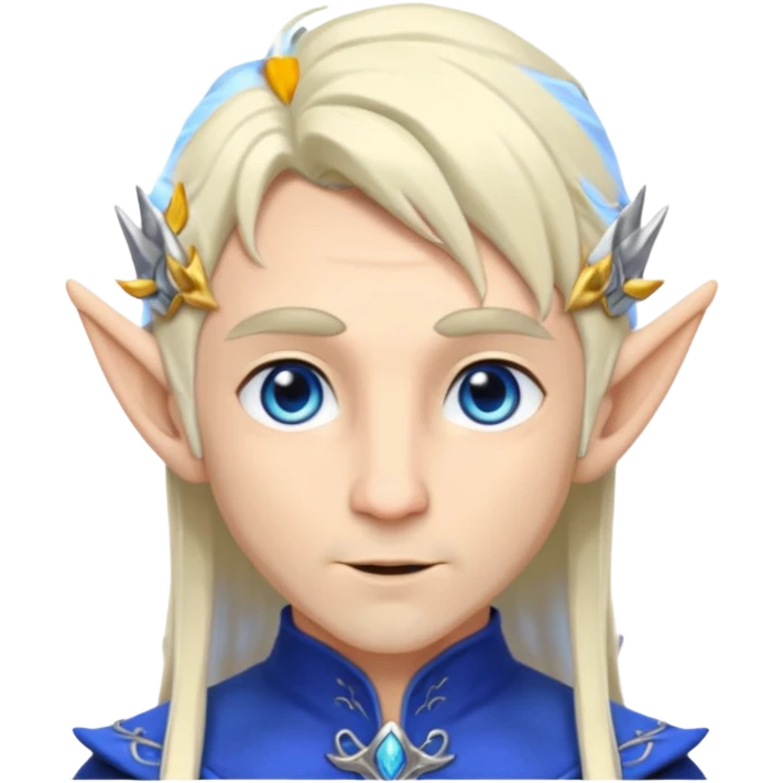elf prince with pointy ears, white skin, silverblond shoulder-length hair, blue eyes, Chin beard, no crown or hat emoji