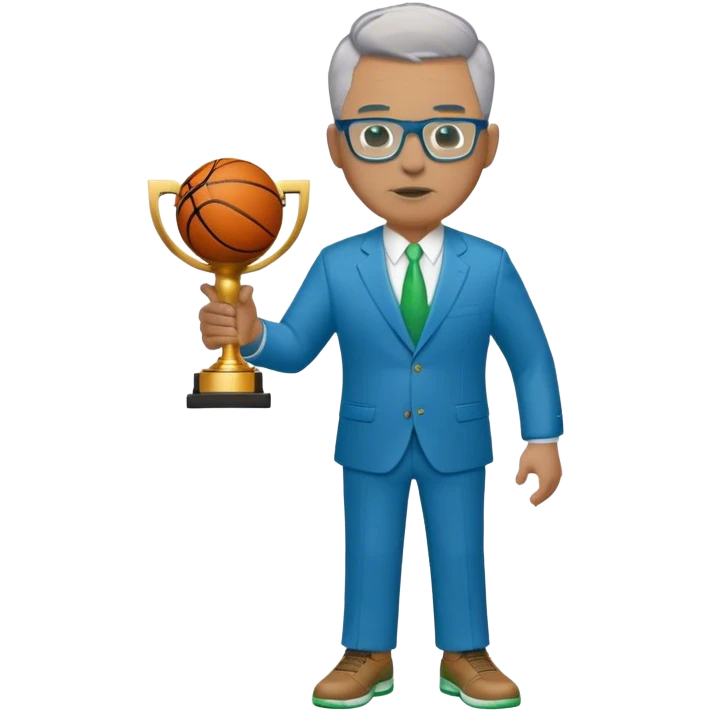 full body plus size male basketball coach with short light brown mixed with gray hair color wearing glasses wearing blue and green suit holding a trophy emoji