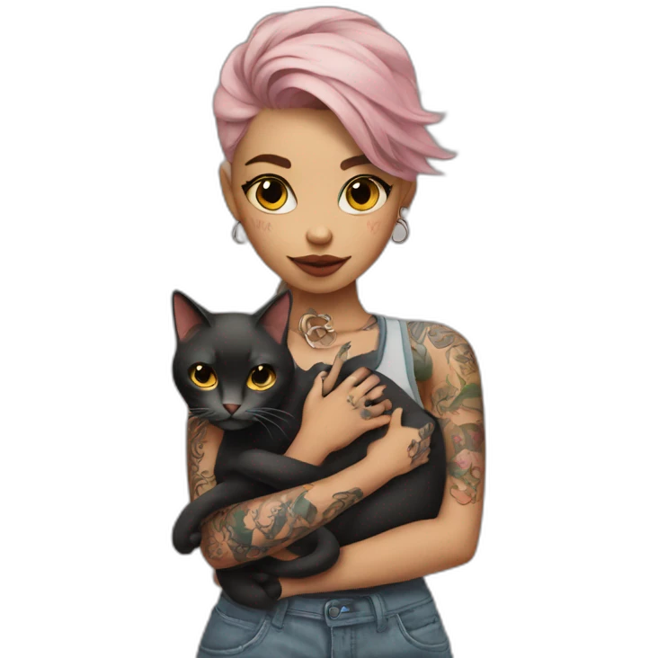 girl in tattoos with a cat in her arms emoji