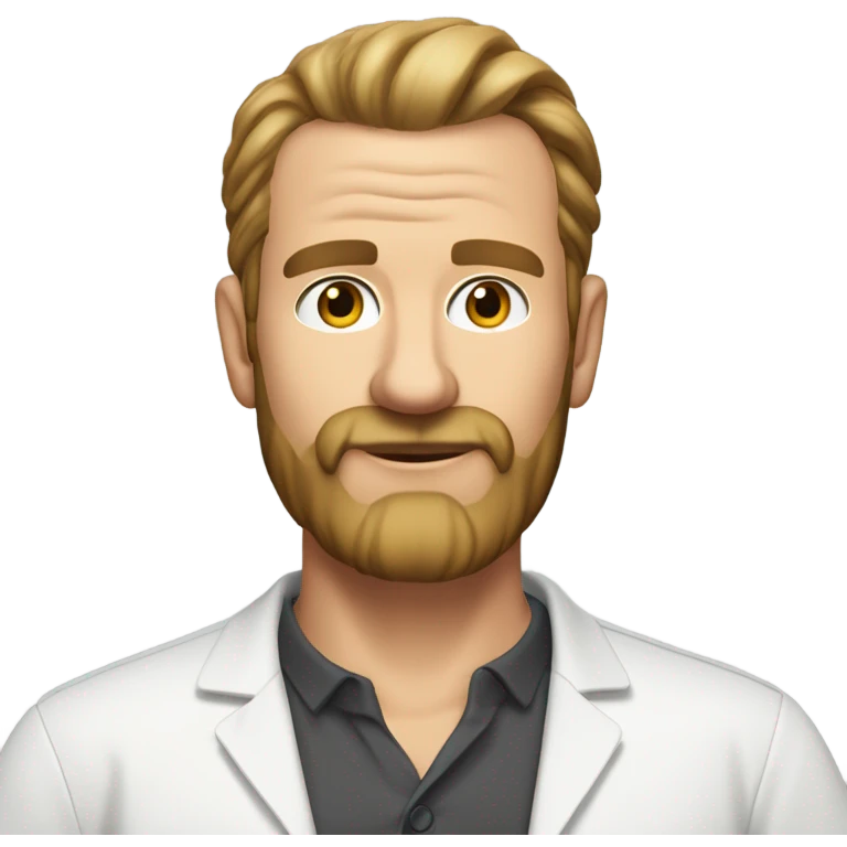 middle aged english man, short slicked back hair dark blonde, dark blonde medium length size full beard, wearing only a plain white smart shirt unbuttoned. emoji