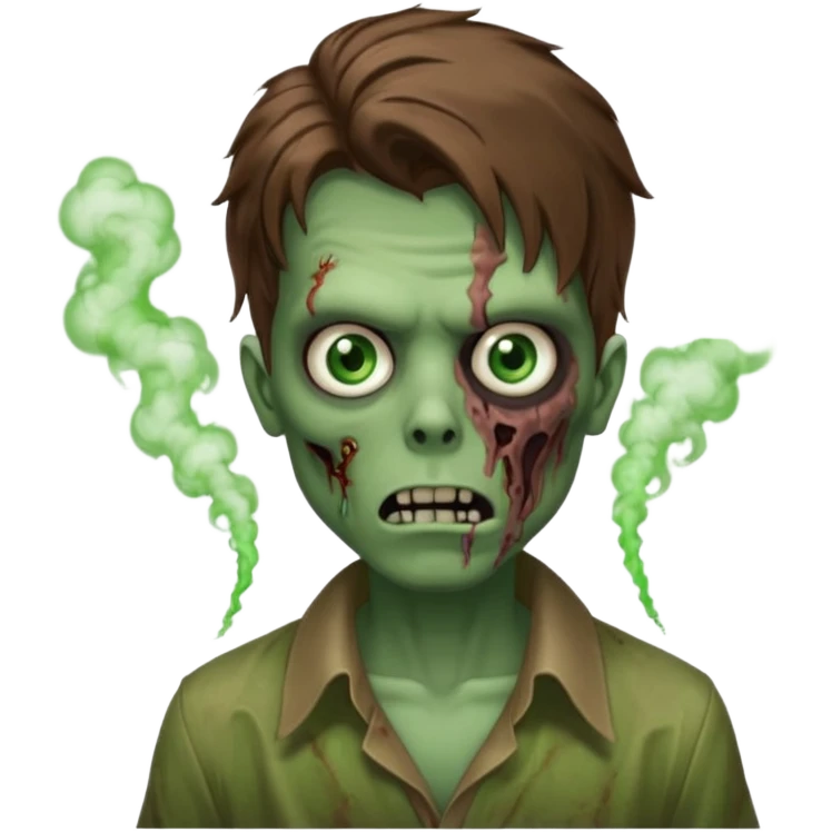 зомби который стоит лицом ко мне. прическа волосы лежат как шторки, карие зеленые глаза, с дымом изо рта. типо swag emoji