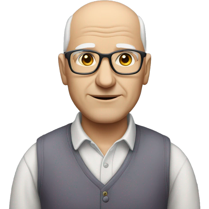 old bald white man with glasses, no moustache, slightly plum, wearing a plain grey shirt emoji