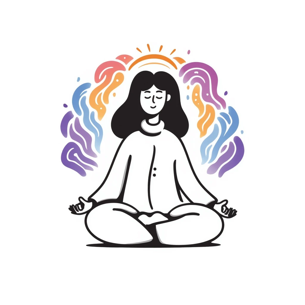 A person in a peaceful meditation pose with colorful rainbow waves of calmness radiating outward, representing mindfulness and stress relief. Vibrant hand-drawn doodle style with purples, blues, and warm tones. emoji
