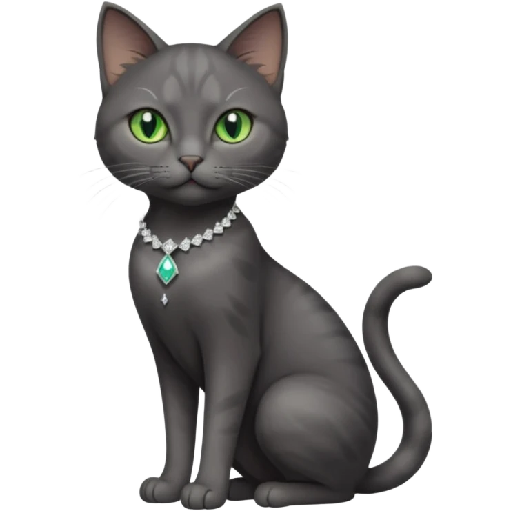 full body view of beautiful female dark grey cat with green eyes, white toes and white diamond on chest emoji