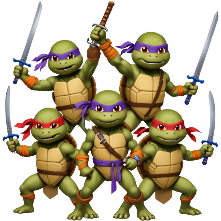 Vector emoji sticker of 4 Ninja Turtles: Leo (blue/swords), Raph (red/sais), Donnie (purple/staff), and Mikey (orange/nunchucks). Action poses, NYC rooftop, pizza box, bold comic style, white border. emoji