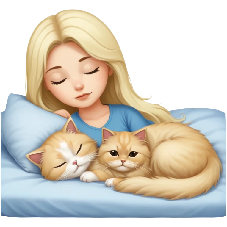 pretty girl with dark long hair sleeping with blonde fluffy  persian cat in bed emoji
