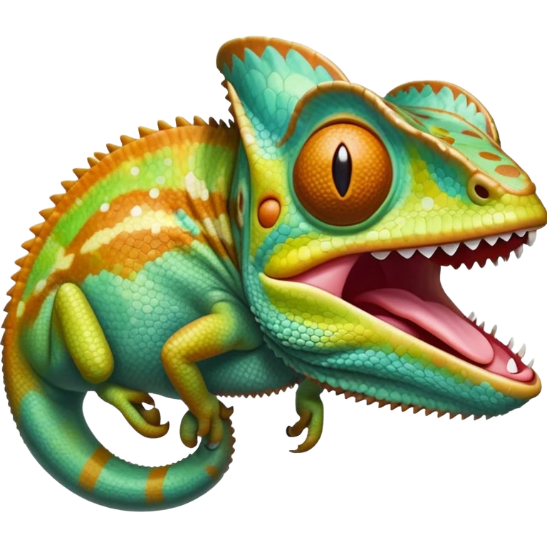 cinematic giant-yawning chameleon-realistic emoji, mouth wide open with tongue out, -blending-with-vibrant-greenery.-detailed-scales-in-shifting-colors,-showing-the-chameleon’s-ability-to-camouflage.-soft-natural-light-highlights-its-texture.-light-background, zoomed into its face emoji