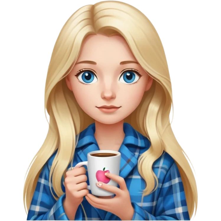 girl
blue eyes
long blond hair
wearing plaid housecoat
holding a white mug of coffee
wearing rose gold apple watch  emoji