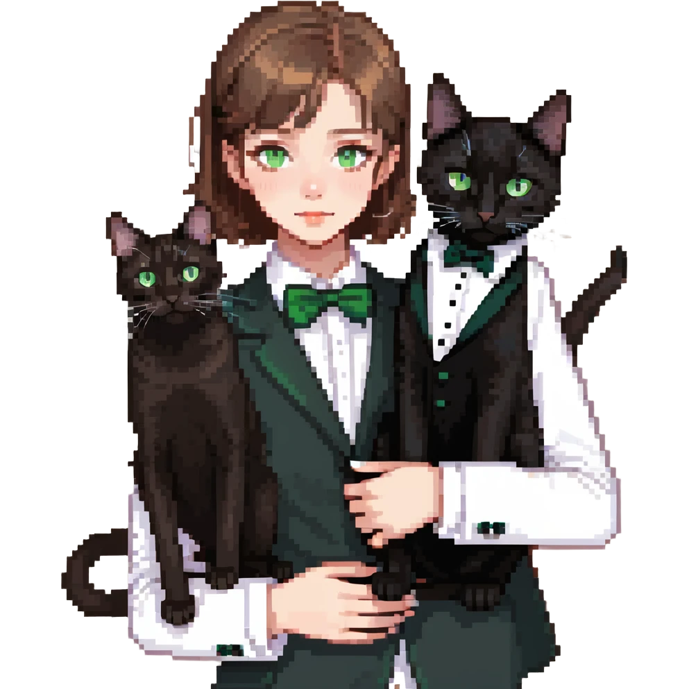 brown haired girl with light tan skin and brown eyes holding a black Bombay cat with green eyes and a black and white Tuxedo cat with hazel eyes emoji