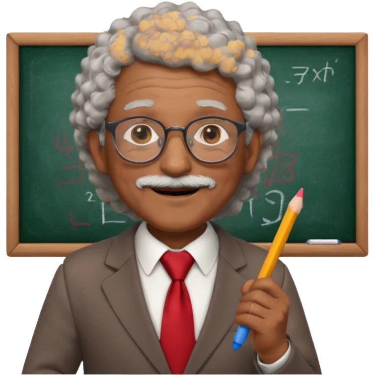 old man teacher, brown skin, curly grey white hai, wearing glasses, brown suit, red tie hold chalk on hand emoji