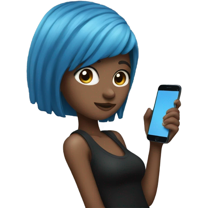 girl with blue hair in black clothes holding a phone emoji