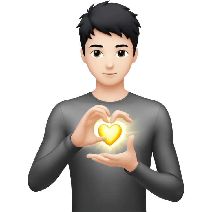 youthful male silhouette with glowing heart spark and flowing energy at fingertips, minimalist black or silver with soft dynamic motion emoji