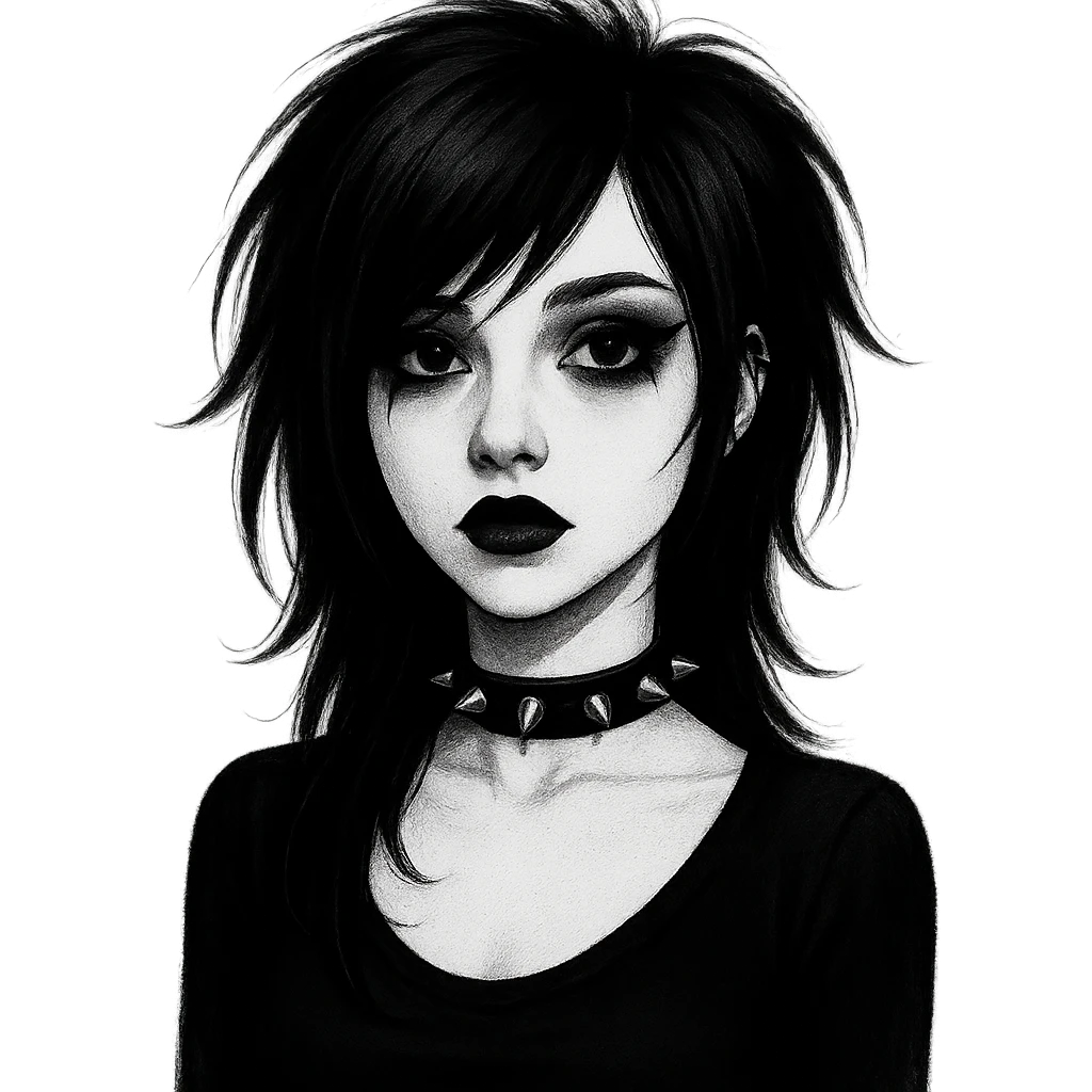 emo girl with heart-shaped face, choker necklace, dark lipstick, gothic vibe emoji