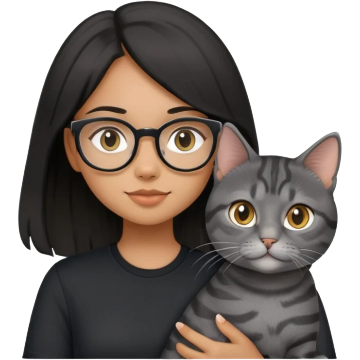 Black long haired girl with eyeglasses wearing black shirt holding a grey American shorthair cat emoji