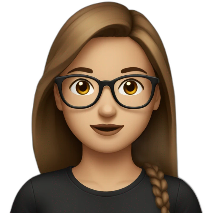 Pretty girl with brown  hair wearing  black eye glasses and a a black t shirt emoji