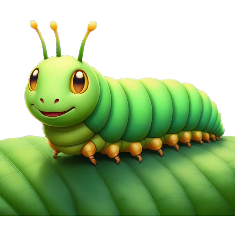 Cinematic Noble Caterpillar Portrait Emoji, Poised and vibrant, with a segmented, gently curving body adorned in bright, lively hues and delicate, inquisitive eyes, Simplified yet charmingly detailed features, highly detailed, glowing with a soft, verdant radiance, high shine, intelligent and resilient, stylized with an air of natural transformation, focused and curious, soft glowing outline, capturing the essence of a watchful caterpillar that appears ready to inch out of the screen with gentle determination! emoji