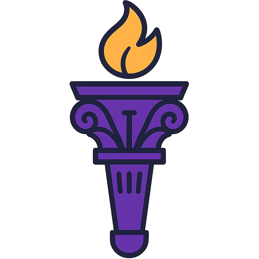 a violet torch inspired by NYU, with a glowing flame and elegant details, lineal color icon with black outlines emoji