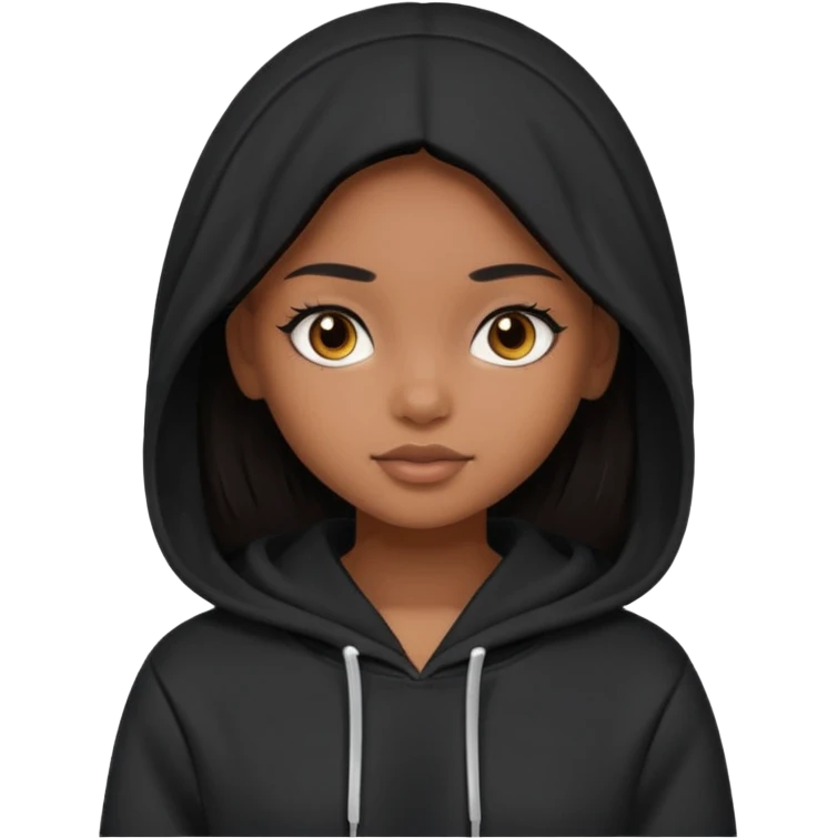  Brown skin girl , who has staight medium length black hair without bangs , brown eyes , and doll like makeup , in a black hoodie. emoji