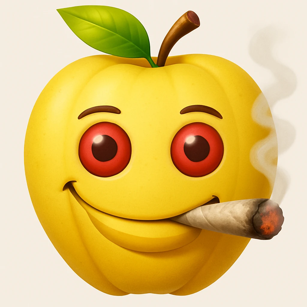 Add a cartoon joint with smoke to the smiley face made of apples as eyes and a banana as the mouth. Make it look like the face is smoking weed, keep the emoji style. emoji