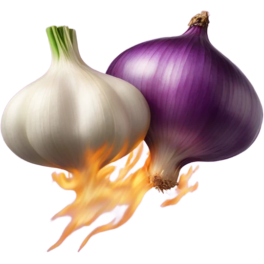 A clove of garlic and an onion kissing with an explosion of smell emoji