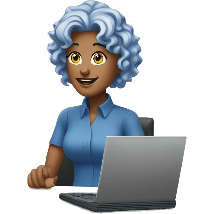  a charismatic 47-year-old woman with blue wavy hair engrossed in her work on a computer. Her friendly and approachable eyes meet the viewer's gaze. Two icons representing Microsoft Excel and Word are subtly incorporated within the scene.  emoji