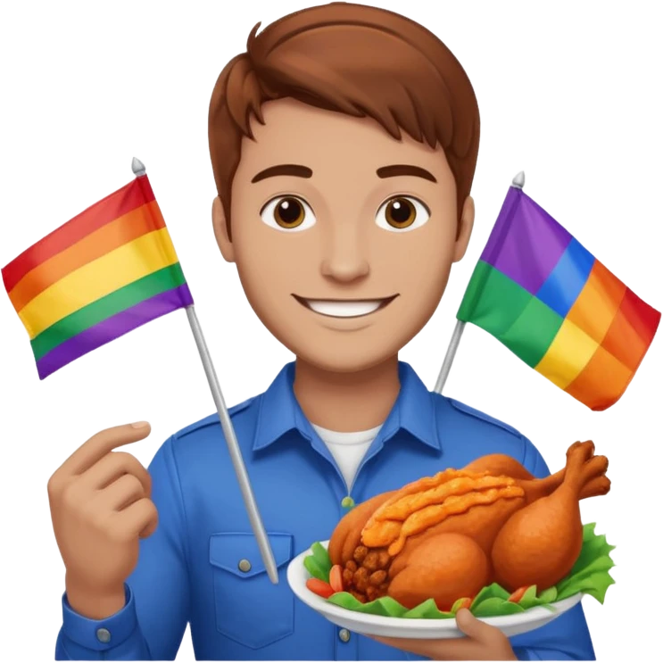 Guy with brown hair holding buffalo chicken and a gay pride flag emoji