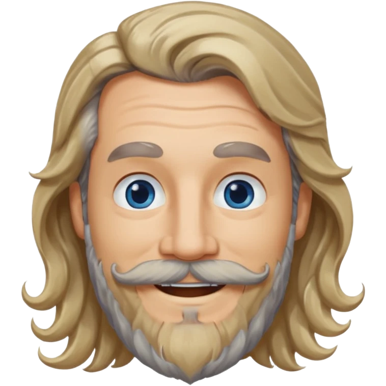 MID AGE MAN WITH LONG BLOND, GREY & bROWN WAVY HAIR; AND BROWN & GREY MOUSTACH AND BEARD, SMILE emoji