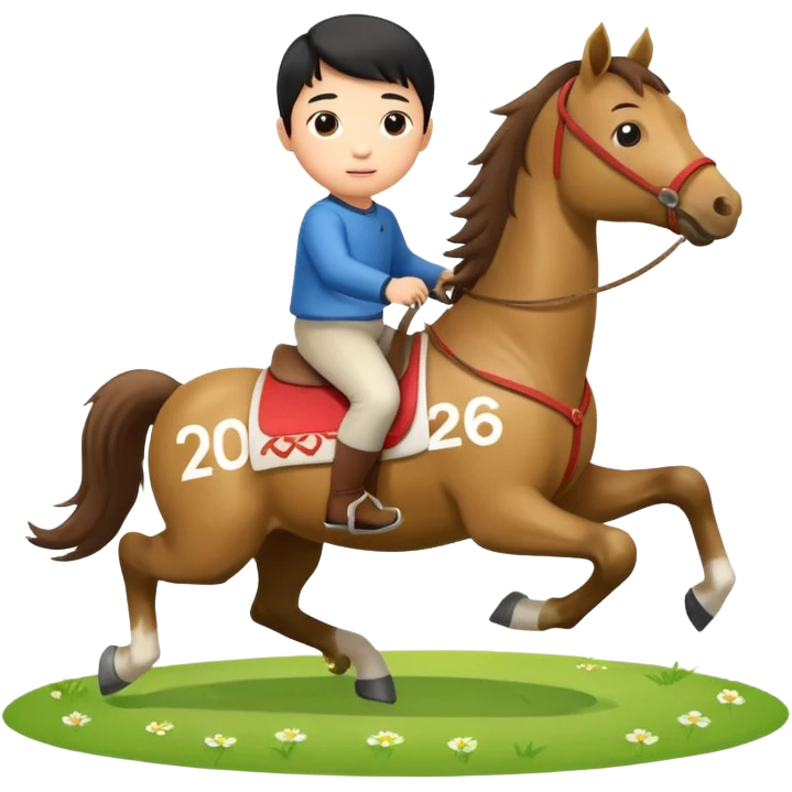 l little chinese boy riding on a  cute horse running on the grass with 2026 year label emoji