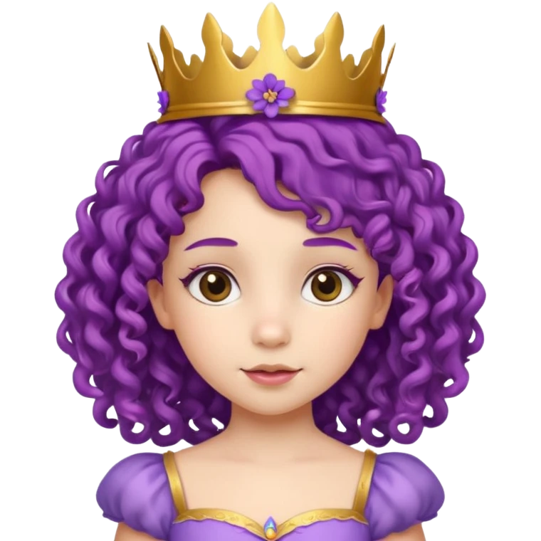 Princesses kid girl, with Gold Crown and flower on purple curly hair, with white dress emoji