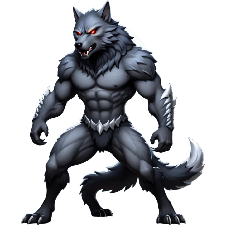 cinematic-noble-fierce-werewolf-full body-emoji, poised-and-imposing, with a tall, slender yet muscular frame inspired by the brutal, imposing shape of the beast from Berserk, fur rippling in shades of midnight black and silver, eyes glowing with an intense, primal ferocity, reflecting the untamed power of the wild moonlit night; rendered with realism emoji