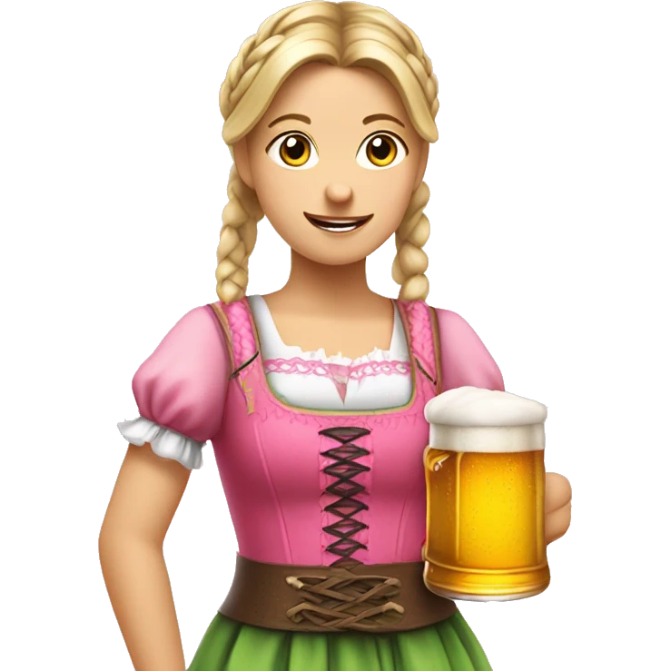 German girl with a braided ponytail wearing a pink dirndl holding a beer emoji