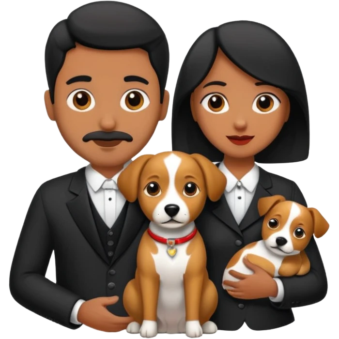 Pareja de novios, pelo negro ambos, y con dos perritos pincher en brazos emoji