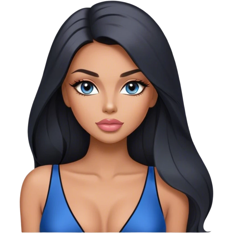 Glamours, tanned, very beautiful girl, with big pump peach-beige-rose lips, long lashes, black straight smooth silky long hair, straight parting hair, blue-grey eyes, black v-neck bodysuit emoji