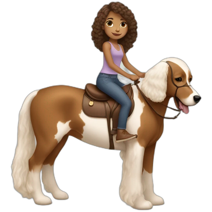 Brown girl straight hair riding a tan and white bernadoodle emoji