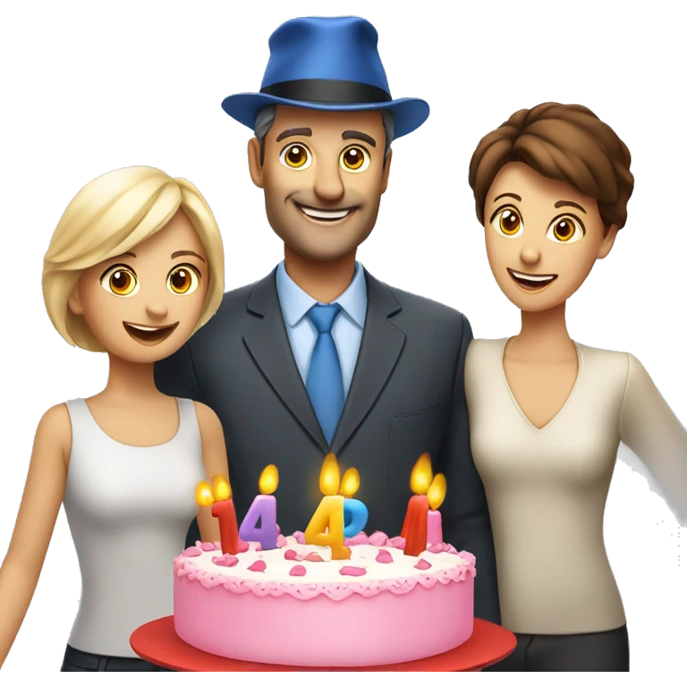 European company of 4 people (mom dad and 2 kids) celebrate birthday in birthday hats emoji