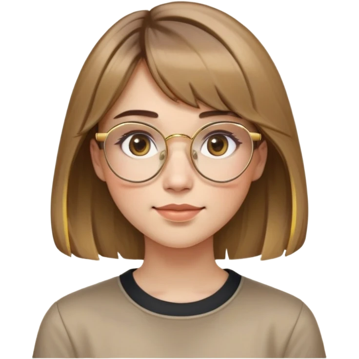 young adult woman with light skin, friendly and serene expression, round face with prominent cheeks, light brown hair with golden highlights, voluminous and straight with slight waves, long bangs over eyebrows, large octagonal glasses with thin golden or light pink frame, casual dark shirt emoji