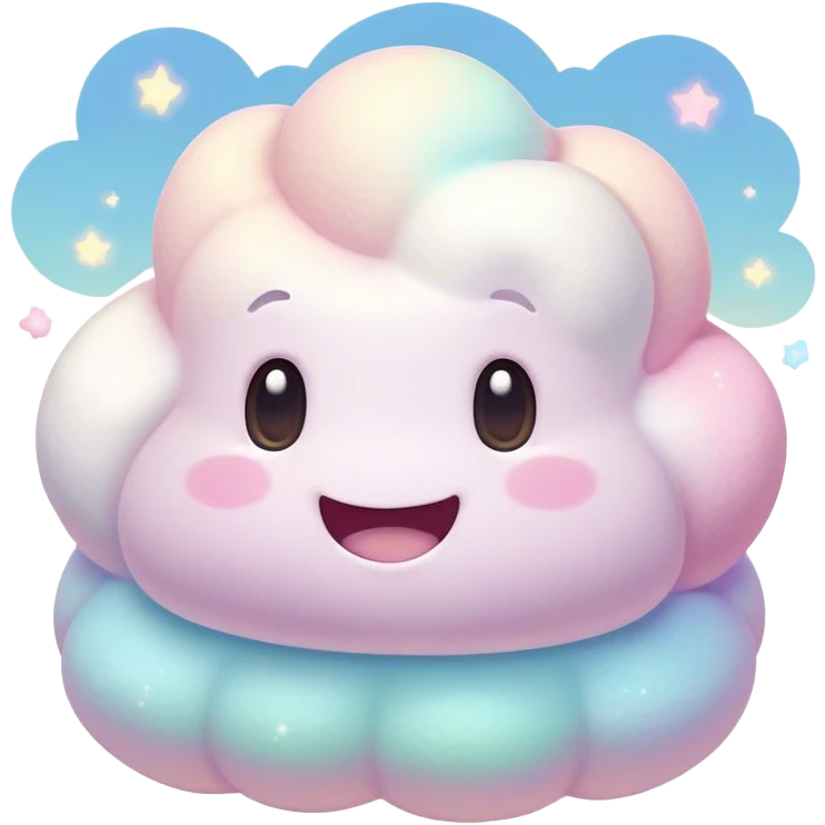 Cinematic fluffy pastel marshmallow character, soft round edges, tiny sparkly eyes, a small happy smile, glowing warmly, floating in a dreamy soft sky. emoji