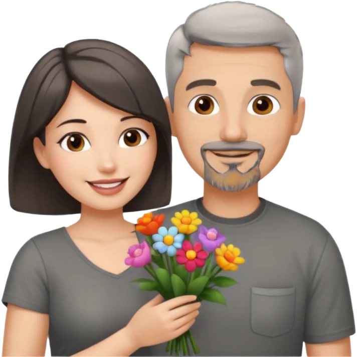smiling man with short gray hair and goatee in grey shirt giving flowers to a pretty, sexy, slightly curvy white woman with short dark brown hair  emoji