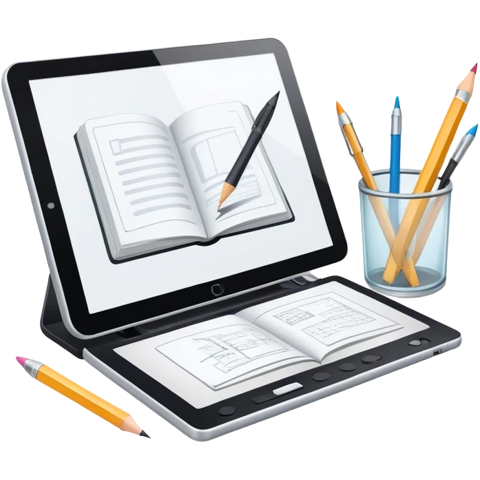 Illustration icon, pencil, paintbrush, gel pen, graphic tablet or monitor with digital illustration, open book with sketches, minimalistic style, clean lines, transparent background. emoji