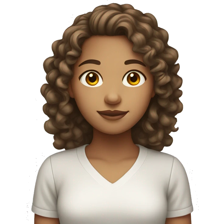 Girl with a curly brown hair and light skin wearing white shirt  emoji
