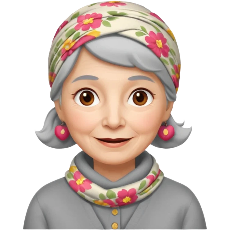 A kind old Soviet village grandmother emoji — elderly woman wearing a floral headscarf tied under her chin, simple gray cardigan, warm smile, friendly face, flat emoji style, minimal Apple-like design. emoji