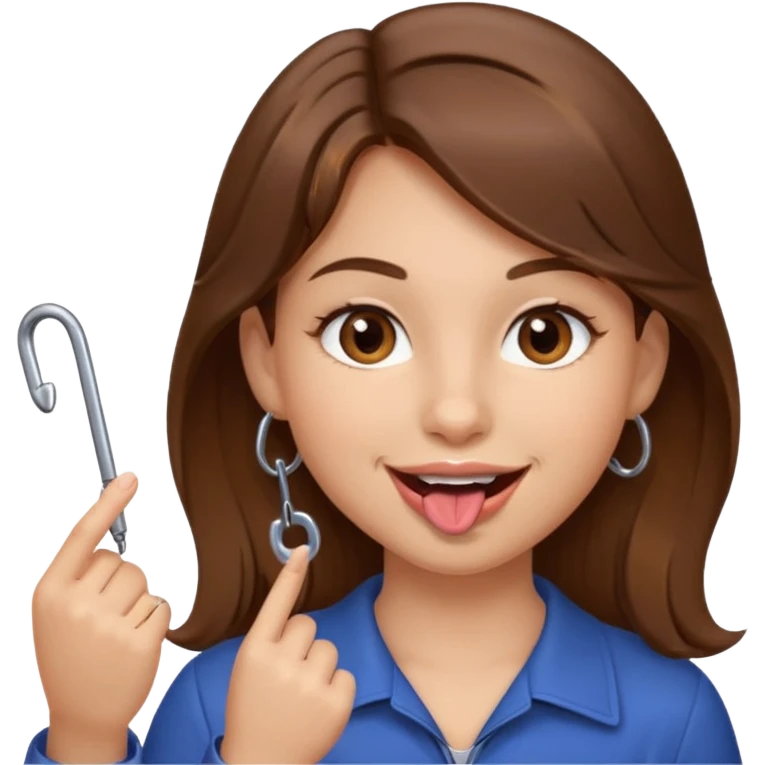 Emoji Fille cheveux long et brun yeux brun et que elle mette un doigt dans sa bouche qui forme un crochet et que elle fait un sourire  emoji