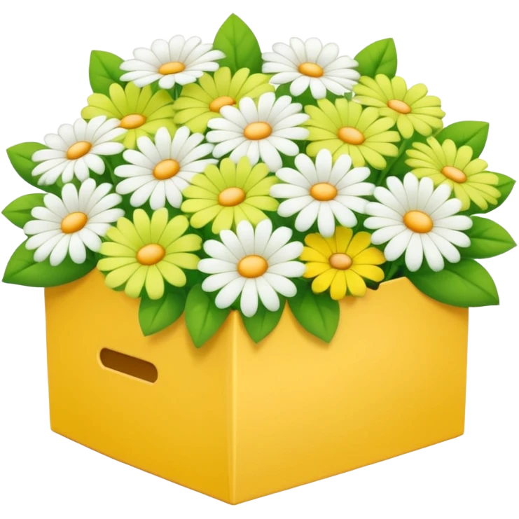 box full of yellow, white and green flowers. pastel colors emoji