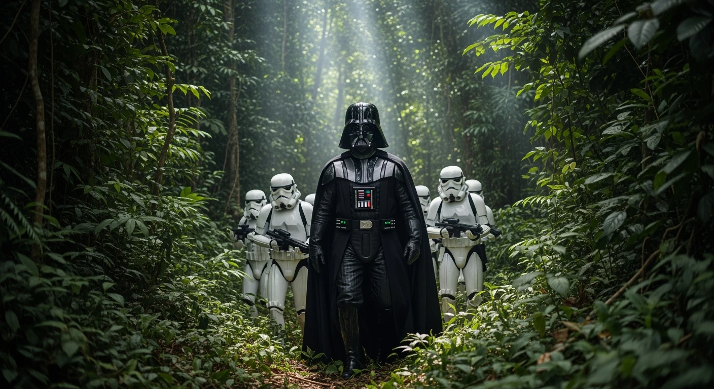 cinematic still, documentary photography, amazon jungle, well lit scene, Darth Vader around stormtroopers is exploring the jungle, close up, front shot, rule of thirds emoji