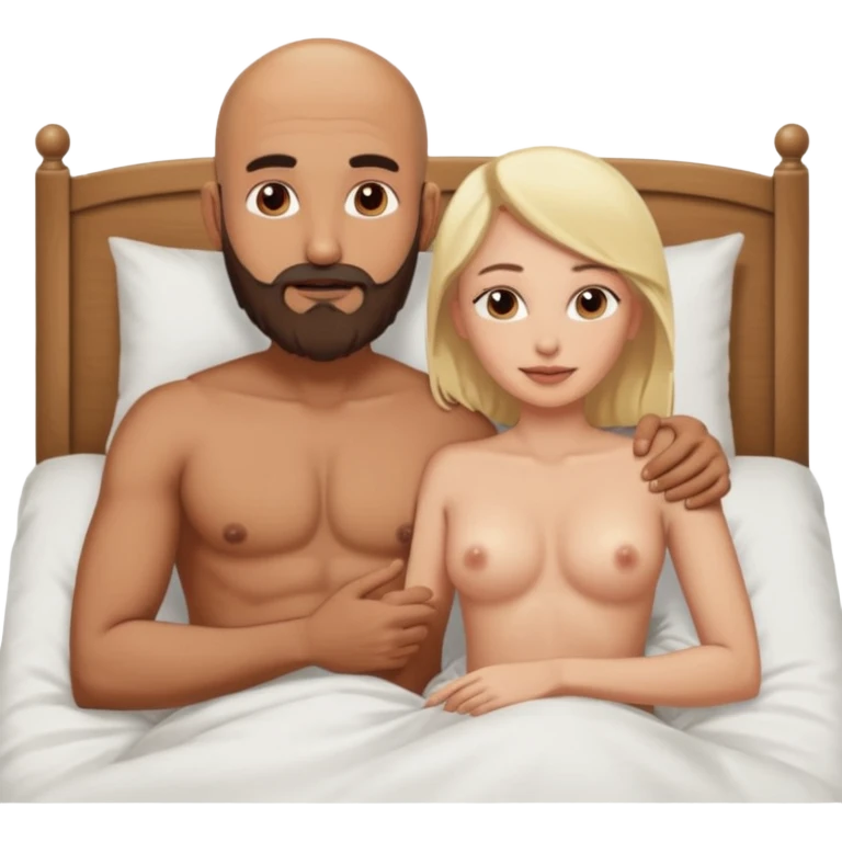 Fully Naked Indian bald man with a beard in bed with naked blonde fit woman emoji