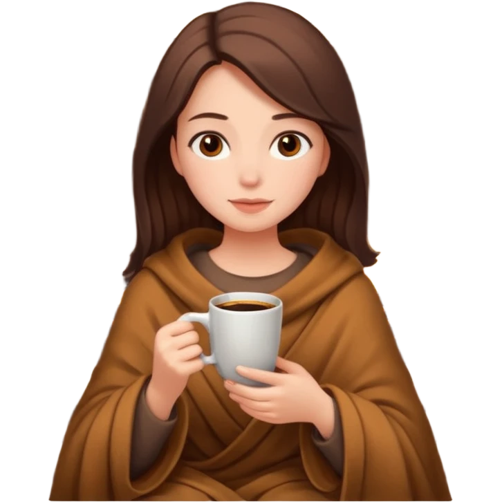 Girl cozy by the fire with brown blanket and coffee emoji