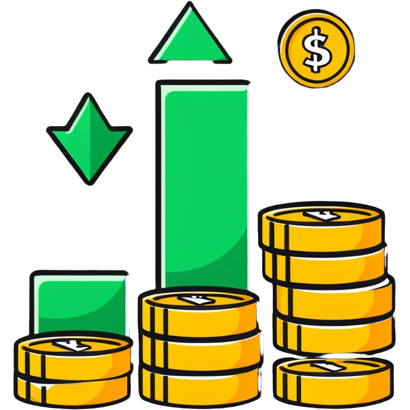 green upward arrow next to three stacks of gold coins in ascending height emoji