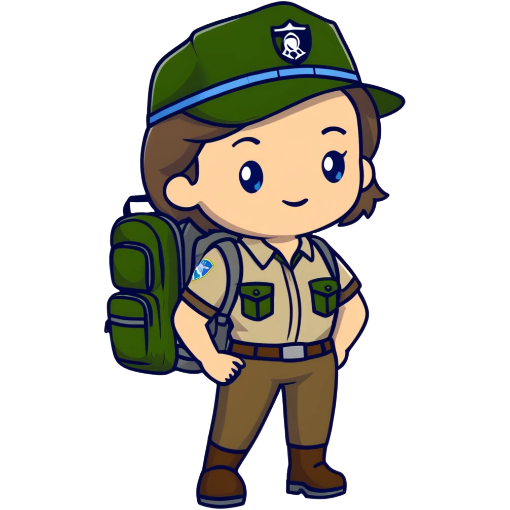white woman park ranger with gray and brown hair, blue eyes, wearing a backpack emoji