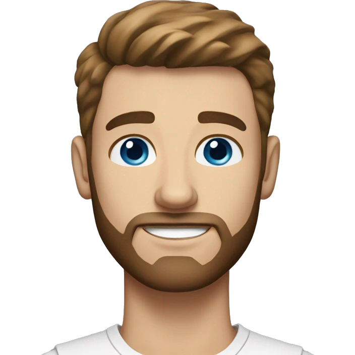White man with brown hair, short beard, rounded face, blue eyes, thick and slightly pointy eyebrows, short hair. emoji