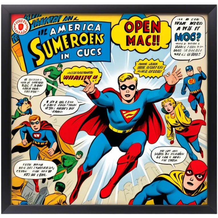 Icon for Vintage American Comics: an open comic book with classic 1940s-1950s American comic art, featuring superheroes in bold, bright colors, with action panels and exaggerated speech bubbles. The icon should represent the nostalgic style of vintage comics. Transparent background. emoji